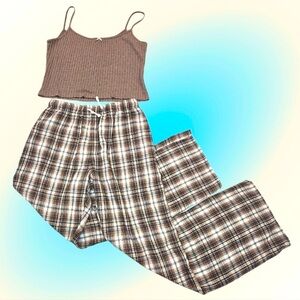 Brandy Melville Brown Ribbed Tank and Plaid Pajama Pants Set